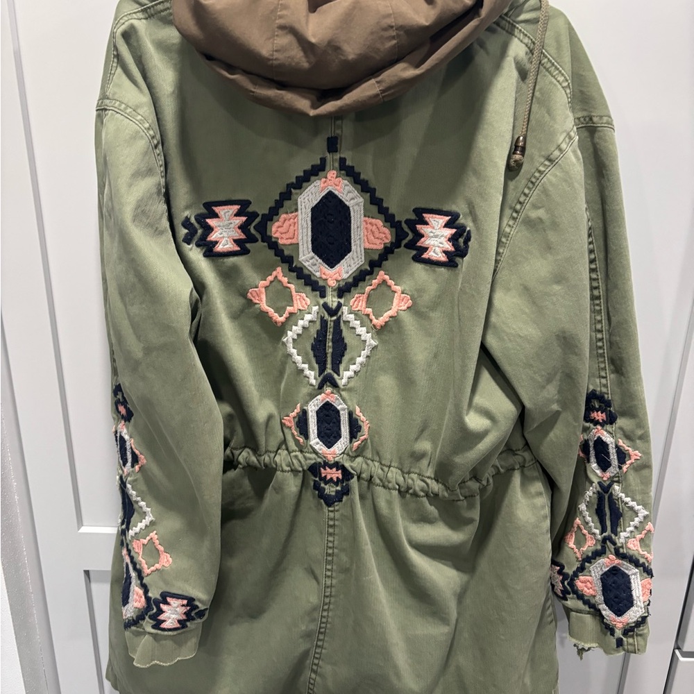 Free People Embroidered Army Green Hooded Tribal Embroidered Twill Parka Large - Picture 7 of 12